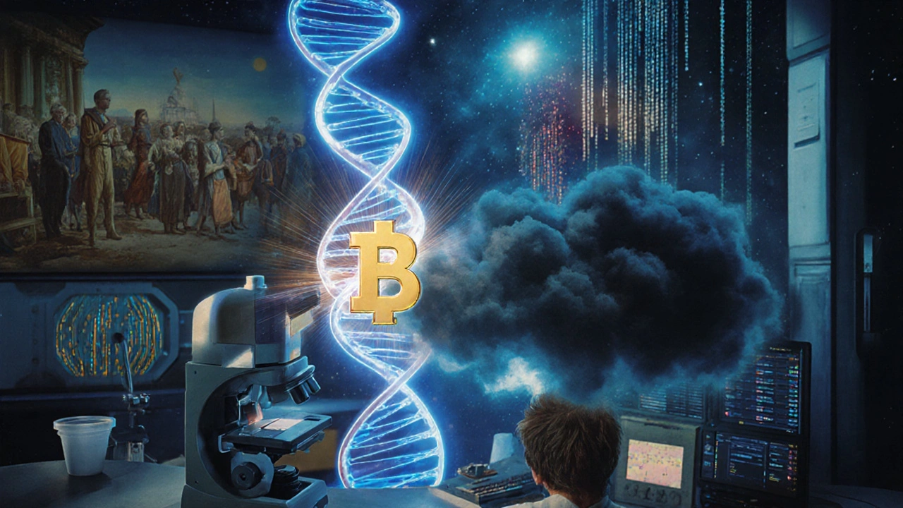 Laboratorio genético con hélice de ADN que protege contra reacciones adversas Tipo B, iluminado con tonos celestes y dorados.