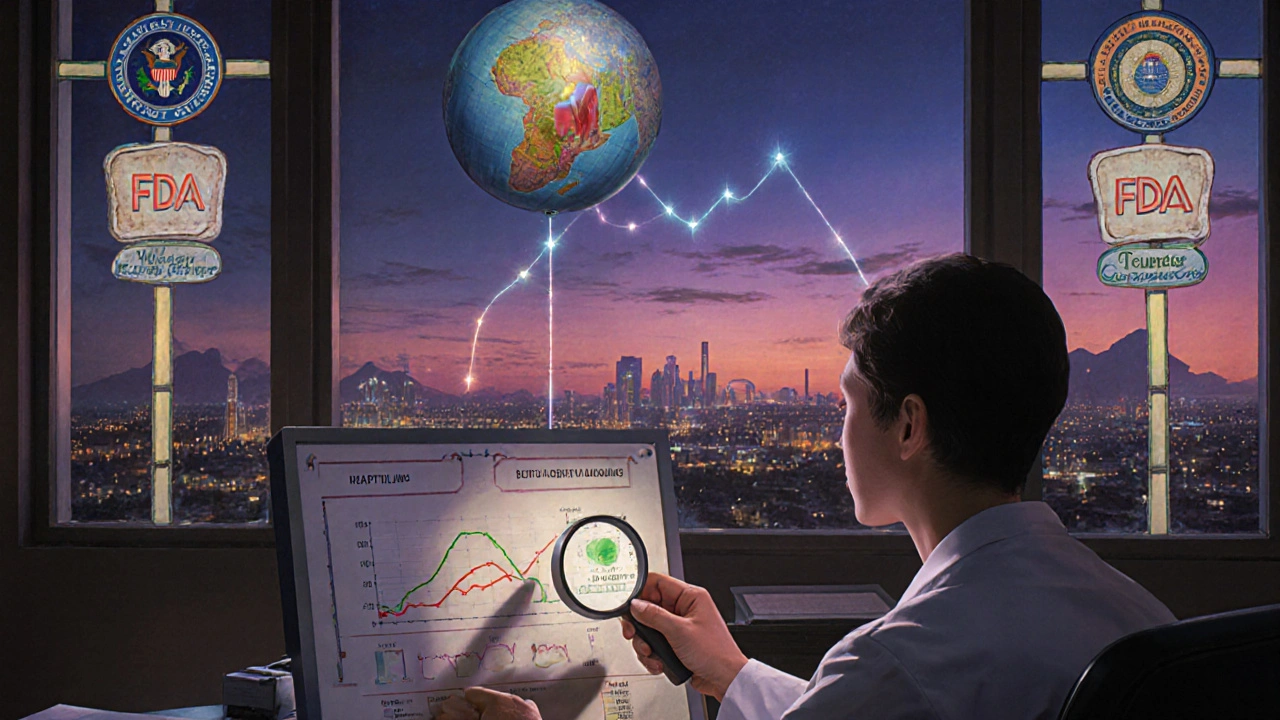 Médico examina dos píldoras idénticas bajo una lupa, con gráficos de salud y una fábrica lejana en el fondo, simbolizando diferencias en fabricación.