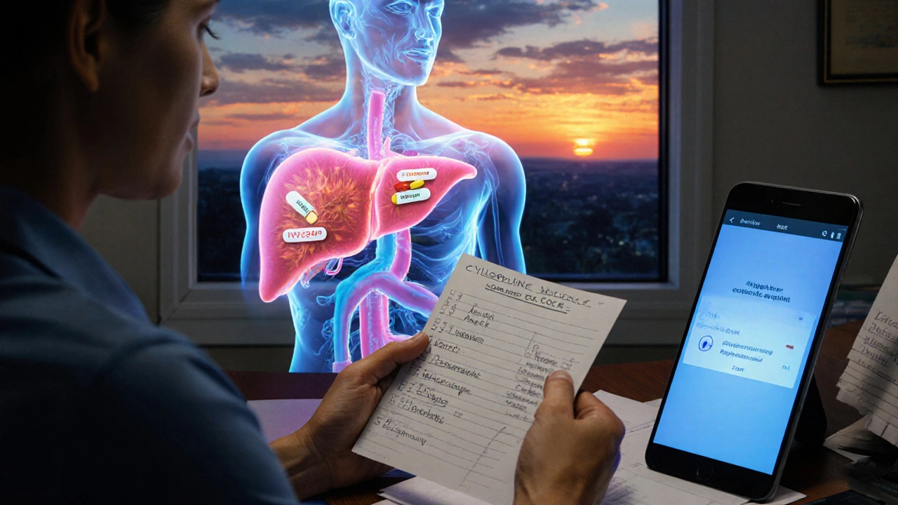 Paciente con lista de hierbas mientras el hígado muestra enzimas descomponiendo medicamentos.