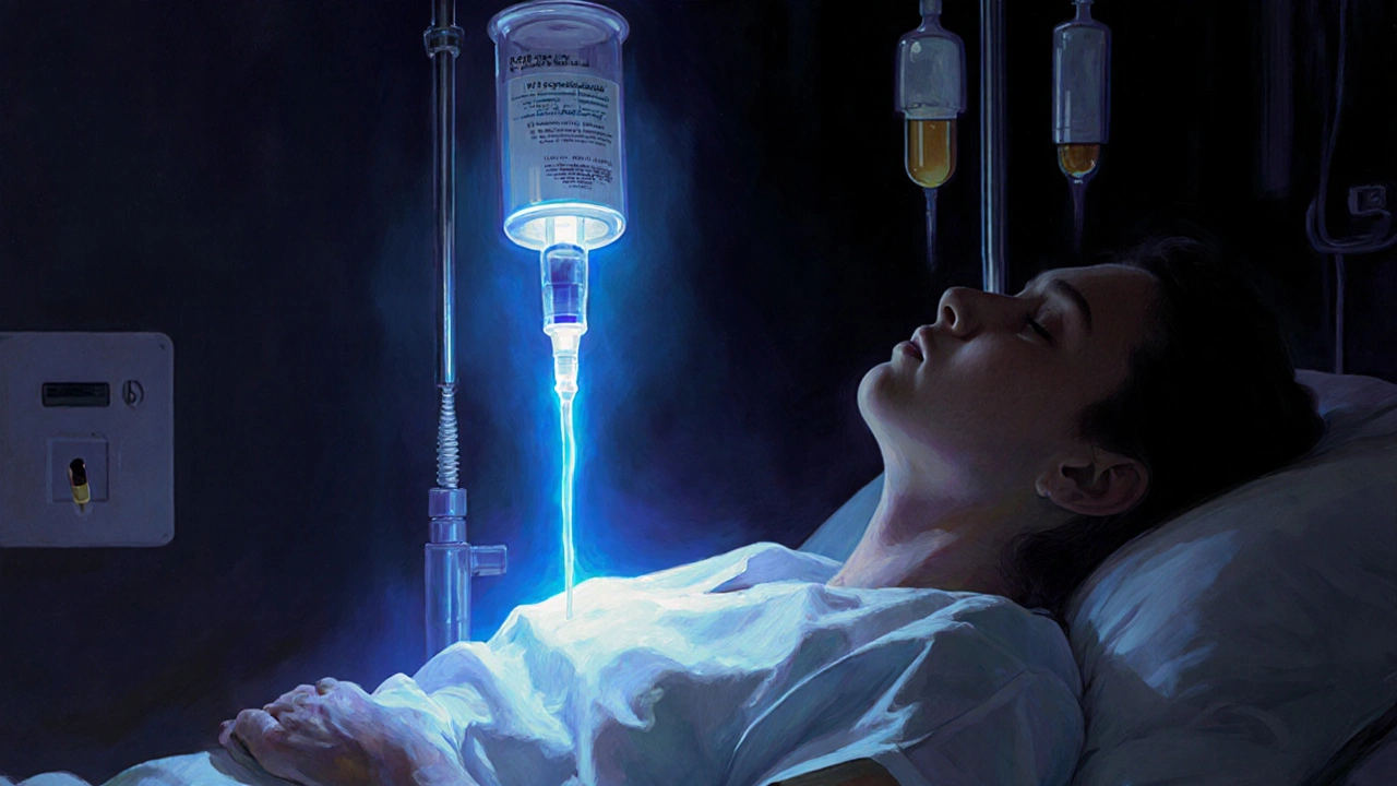 Paciente en hospital con infusión IV, luz brillante en la sangre.