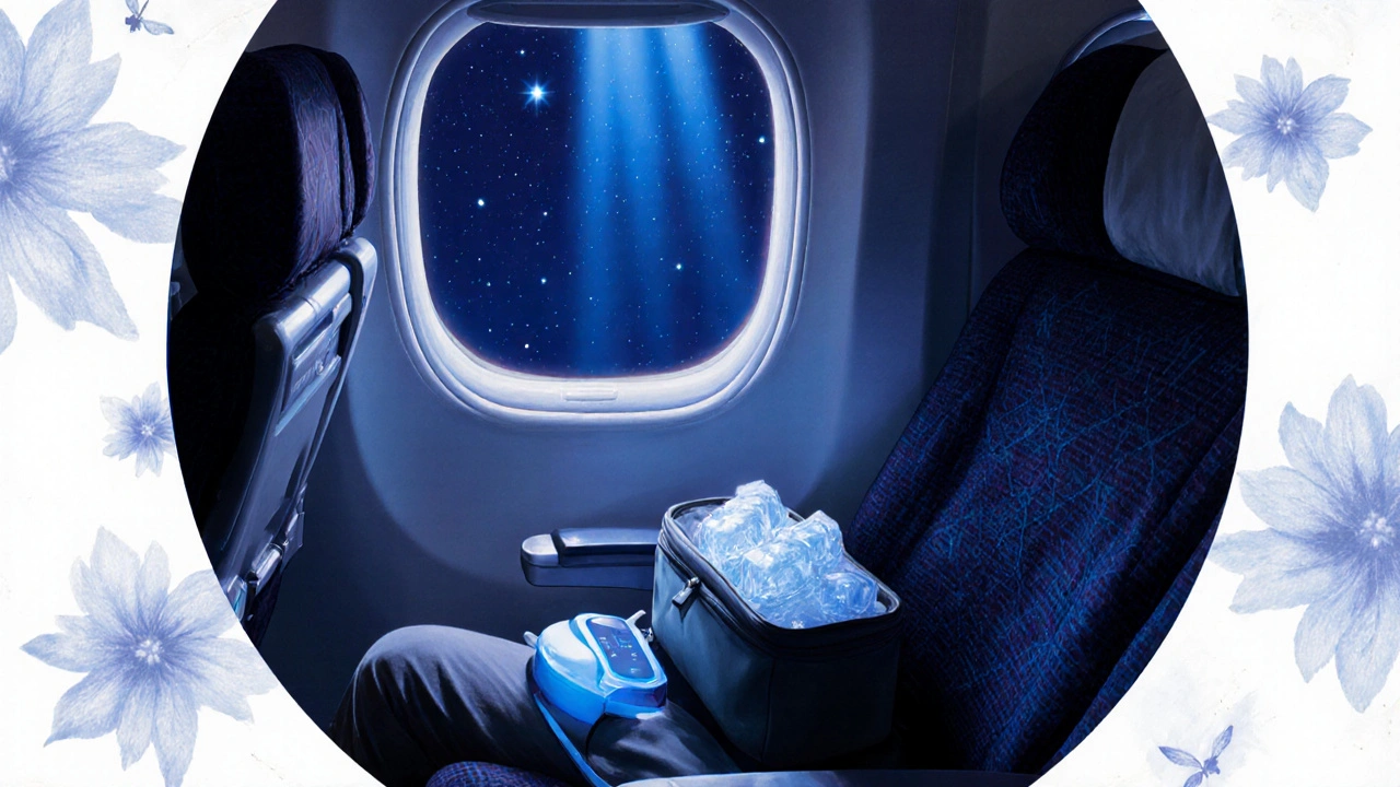 Pasajero con bomba de insulina viaja en avión, con bolsa térmica y luz estelar.