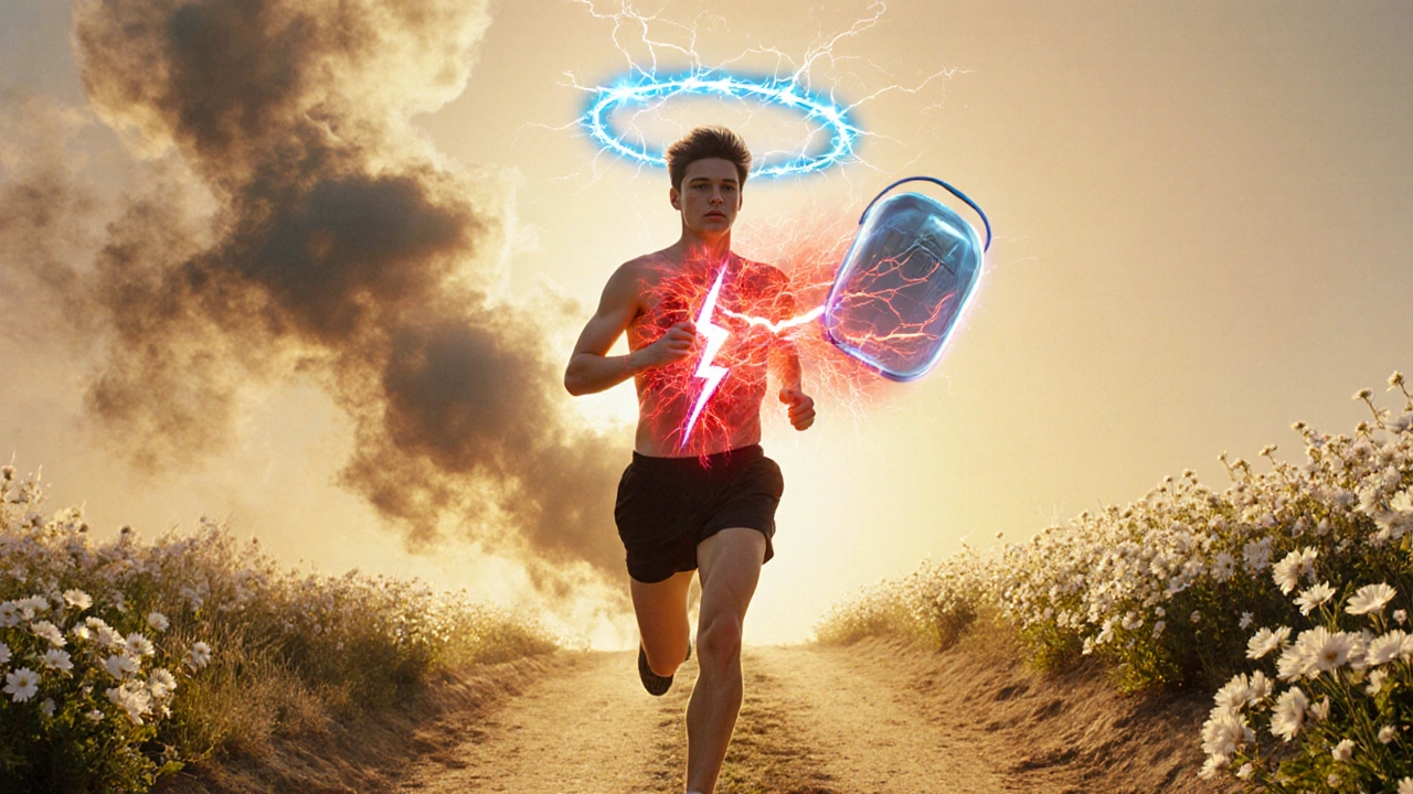 Persona corriendo con un tormenta eléctrica en el corazón, protegida por un desfibrilador brillante.