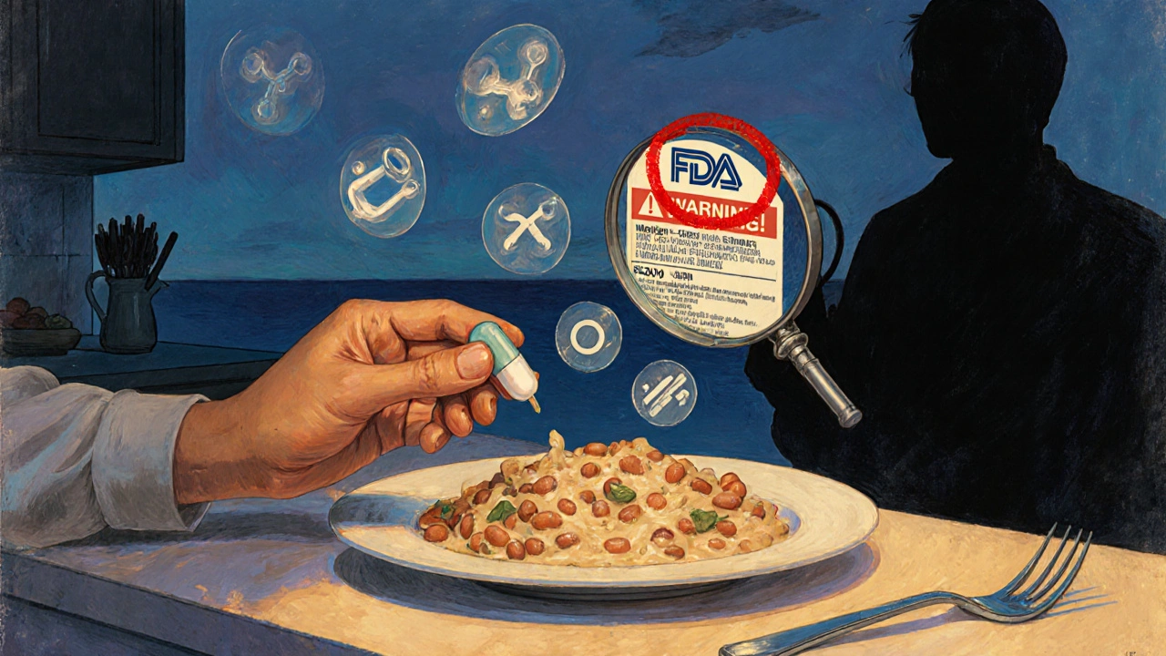 Persona tomando enzimas antes de comer, con símbolos de enzimas flotantes y una advertencia de la FDA en el aire.