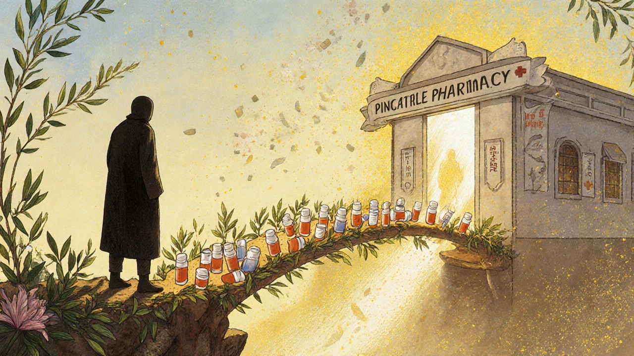 Puente de frascos de medicamentos conecta a una persona con una farmacia brillante, rodeado de luz y enredaderas.