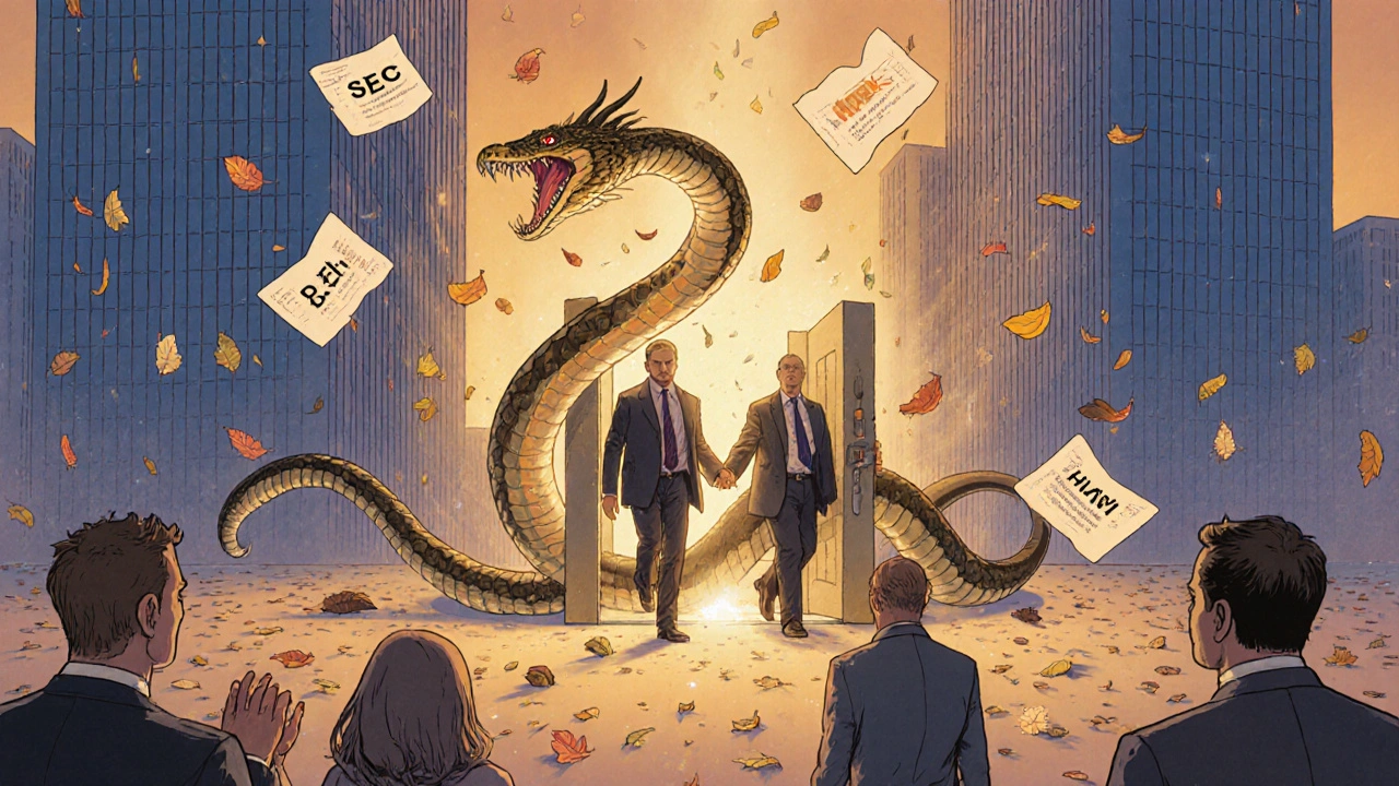 Puerta giratoria en forma de serpiente con exfuncionarios entrando a corporaciones, mientras ciudadanos observan desde lejos.