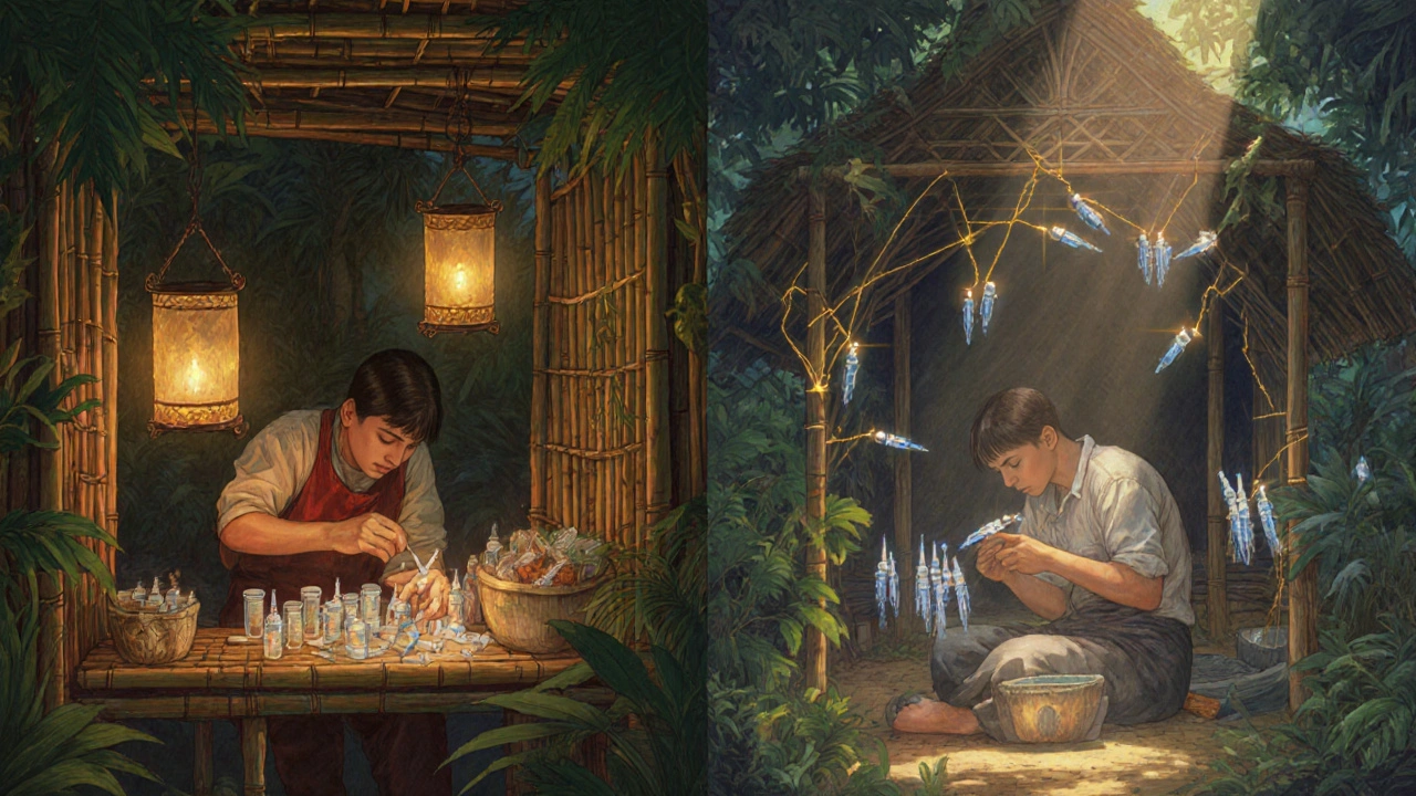 Talleres de Vietnam y Camboya produciendo insumos médicos bajo luz cálida y vegetación exuberante.