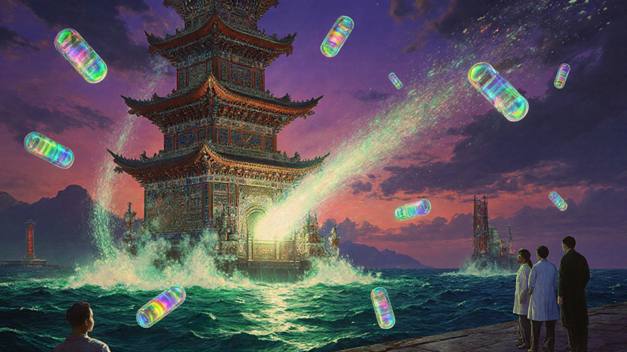 Torre química china emitiendo polvos brillantes que viajan por océanos hacia hospitales globales.