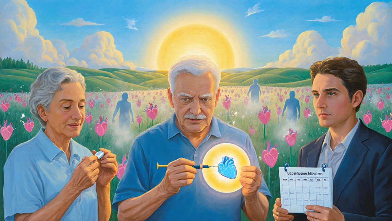 Tres pacientes recibiendo tratamientos alternativos al dolor muscular por estatinas, con corazones sanos en el fondo.