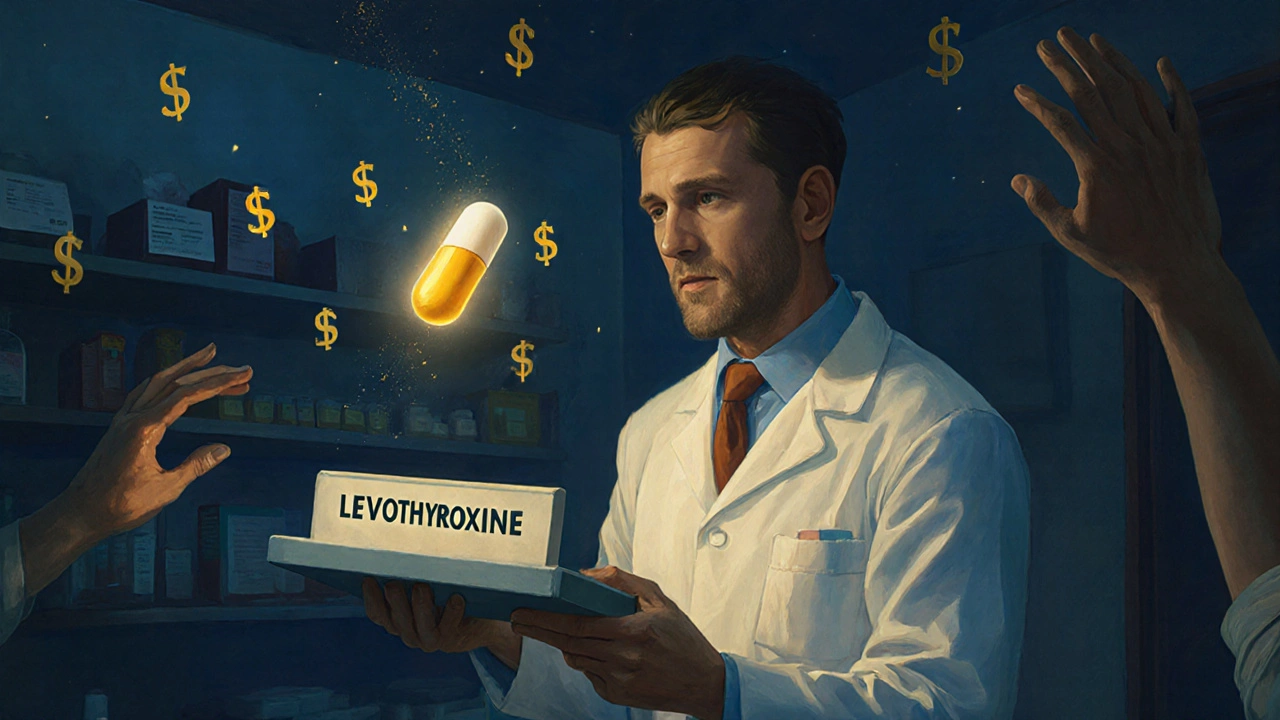 Un farmacéutico sostiene un estante vacío mientras una píldora dorada flota entre signos de dólar que se desvanecen.