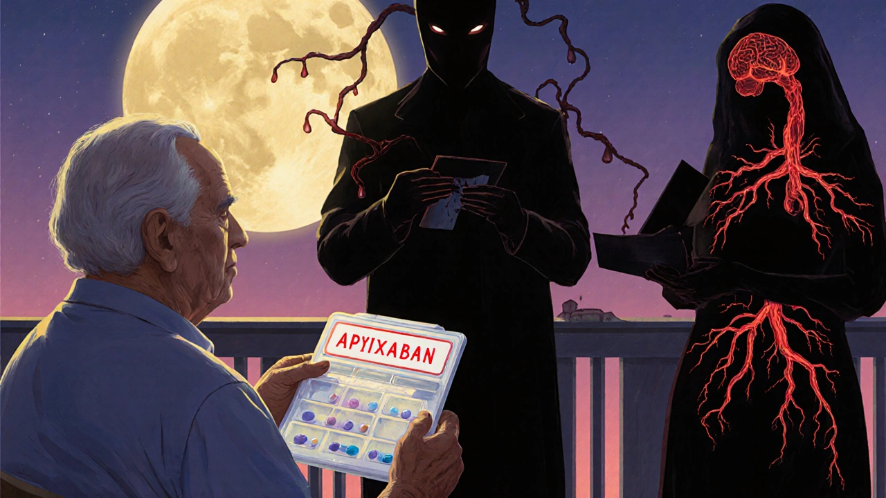 Un paciente mayor en un balcón recibe apixaban mientras riesgos de sangrado retroceden, mientras otros enfrentan amenazas invisibles.