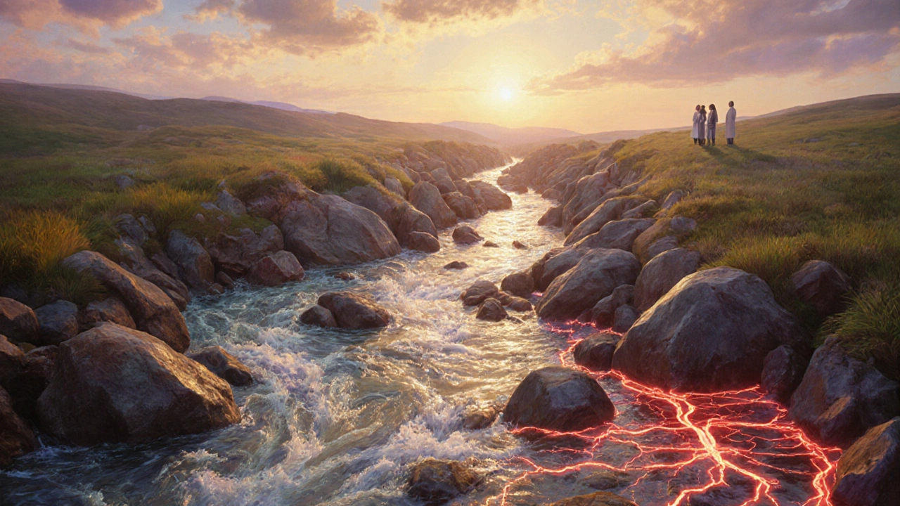 Un río de medicamentos fluye por riñones y corazones; el apixaban es claro y suave, el dabigatran tiene obstrucciones coronarias.