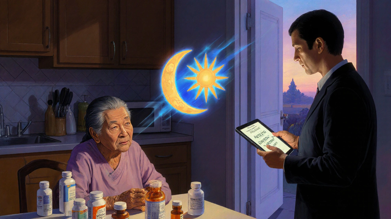 Una abuela vietnamita observa etiquetas confusas mientras símbolos flotantes de sol y luna le guían hacia la comprensión.