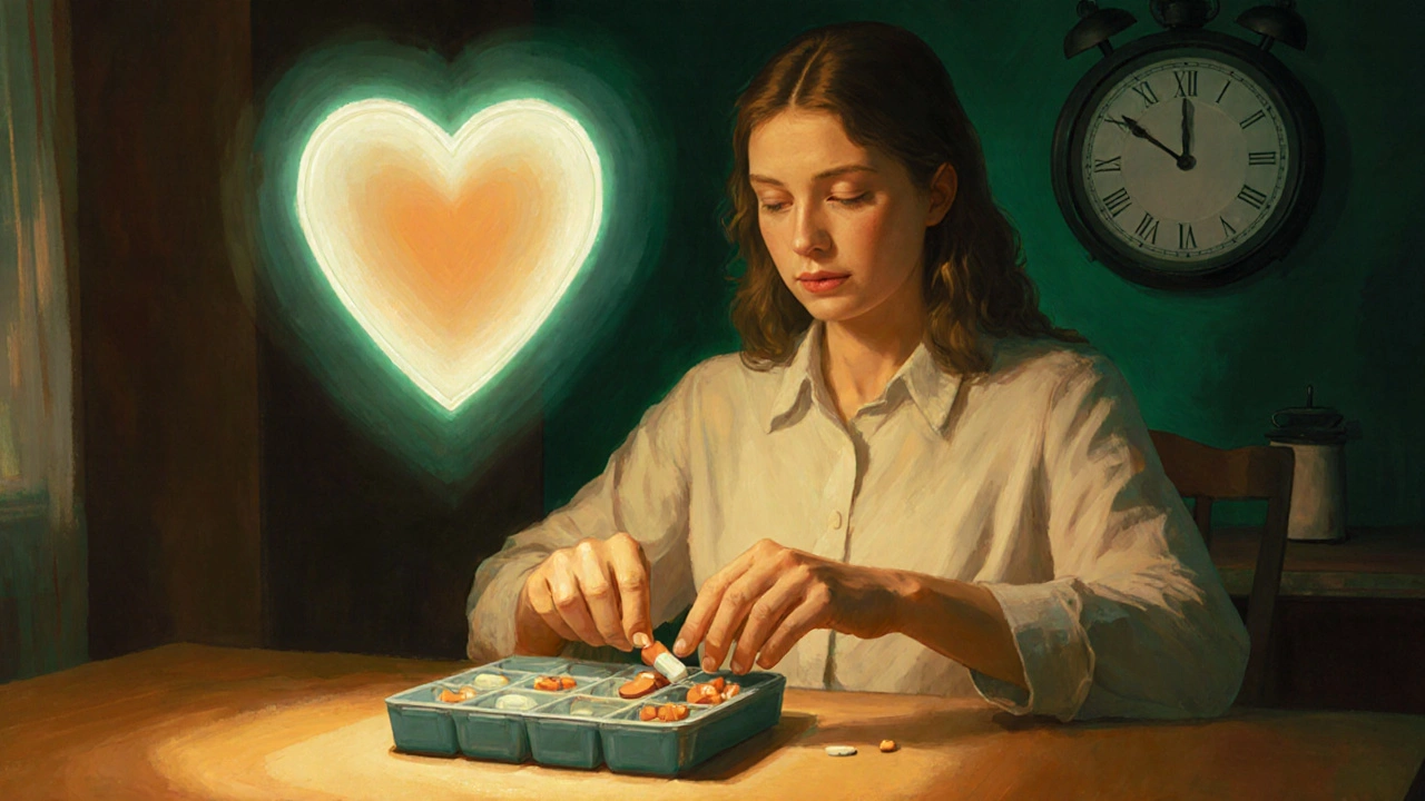 Una persona organizando pastillas en una caja de dosis, con un escudo luminoso protector encima.