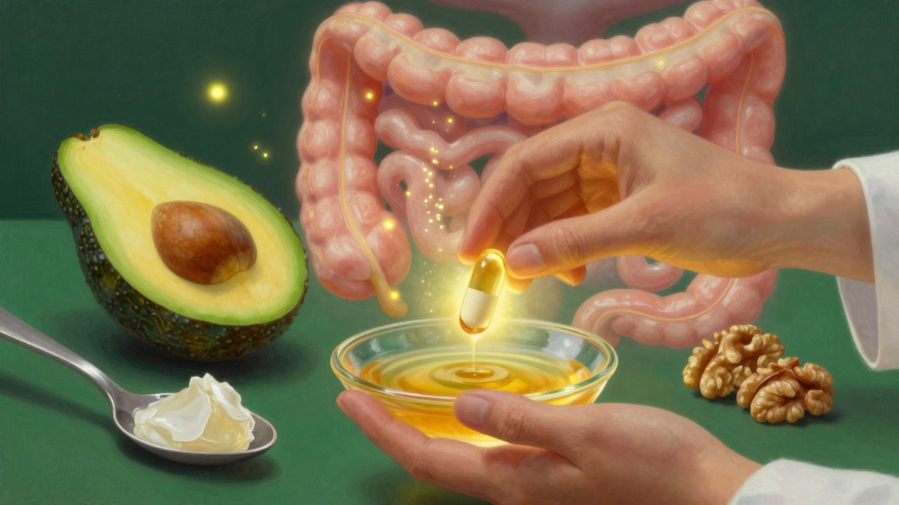 Cápsula disolviéndose en aceite dorado con aguacate y coco flotando alrededor.