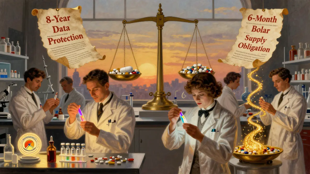 Científicos en un laboratorio elegante analizando pastillas bajo luz iridiscente, con reformas del Pharma Package como pergaminos flotantes.