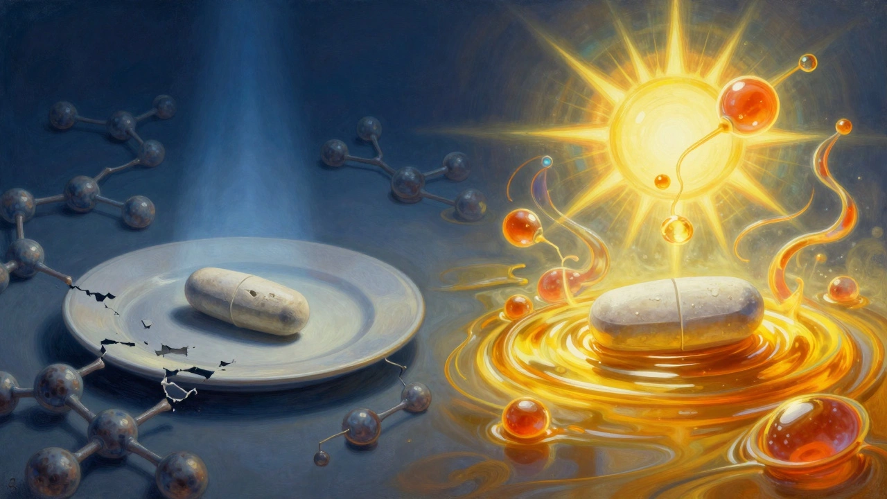 Contraste entre una pastilla seca y otra disuelta en aceite con micelas brillantes.