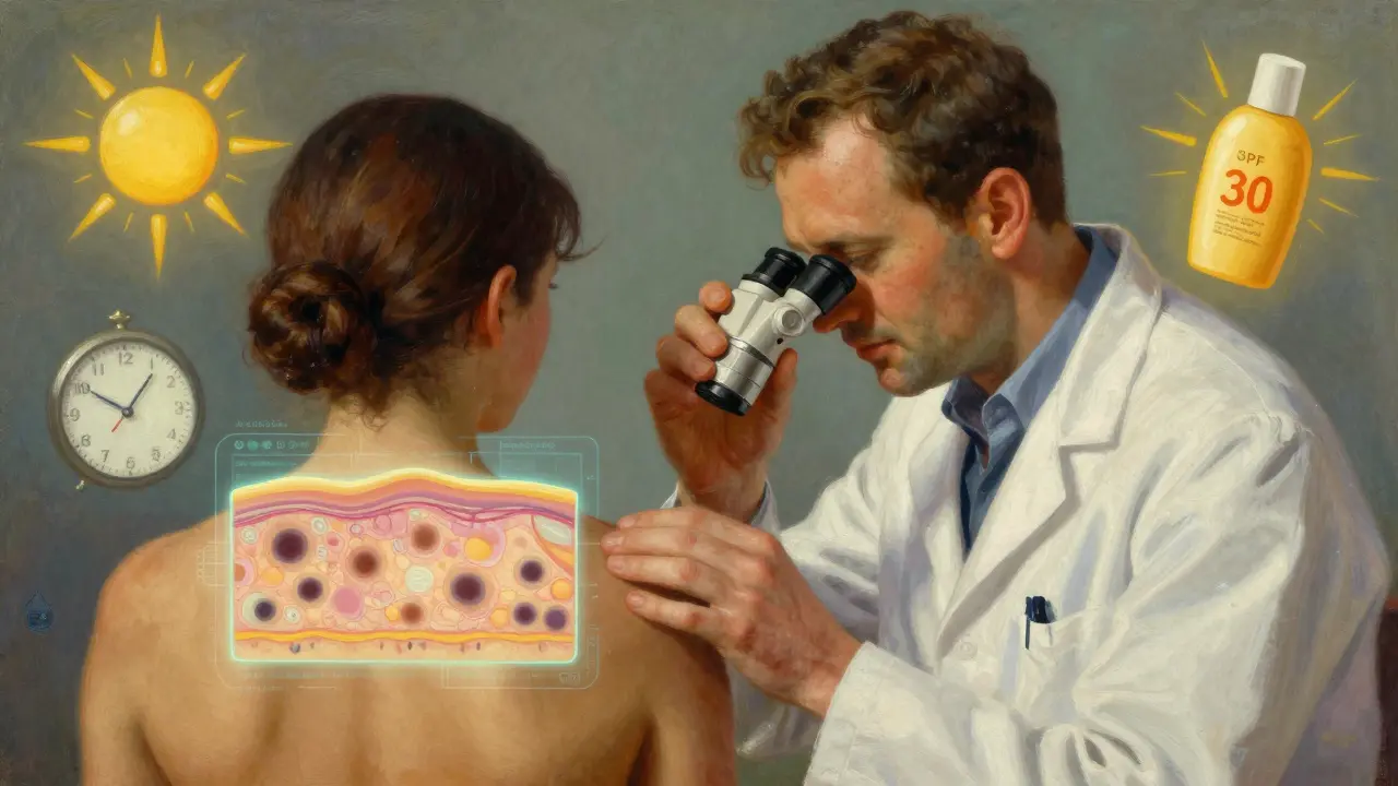 Dermatólogo usando un dermoscopio mientras capas de piel revelan células anormales con luz dorada y símbolos de prevención.