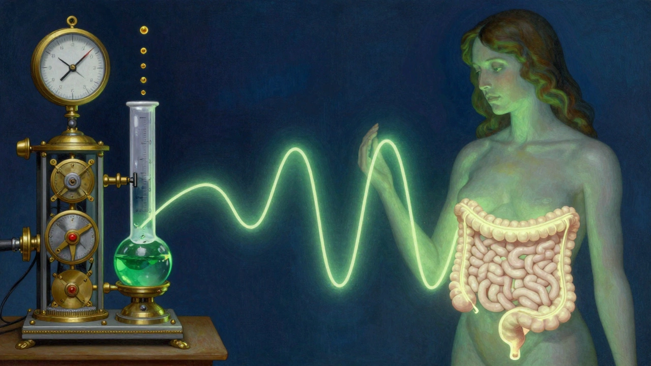 Disolución en un dispositivo ornamental y absorción en el intestino humano, conectadas por curvas de luz dorada en estilo soñador y detallado.