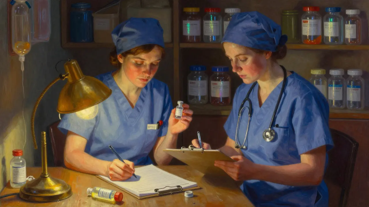 Dos trabajadores firman un libro de registro mientras sostienen un vial, bajo una luz cálida y estantes brillantes.