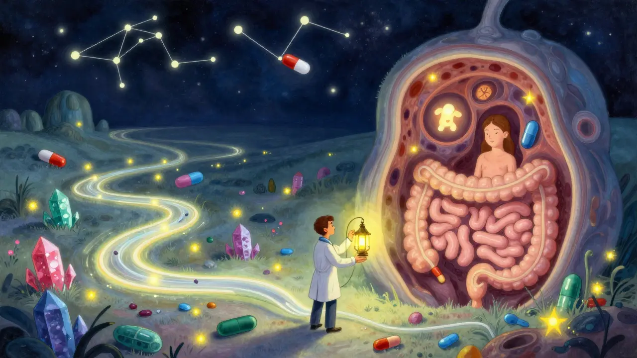 Endoscopia mística como camino luminoso guiado por un médico en un paisaje digestivo encantado.