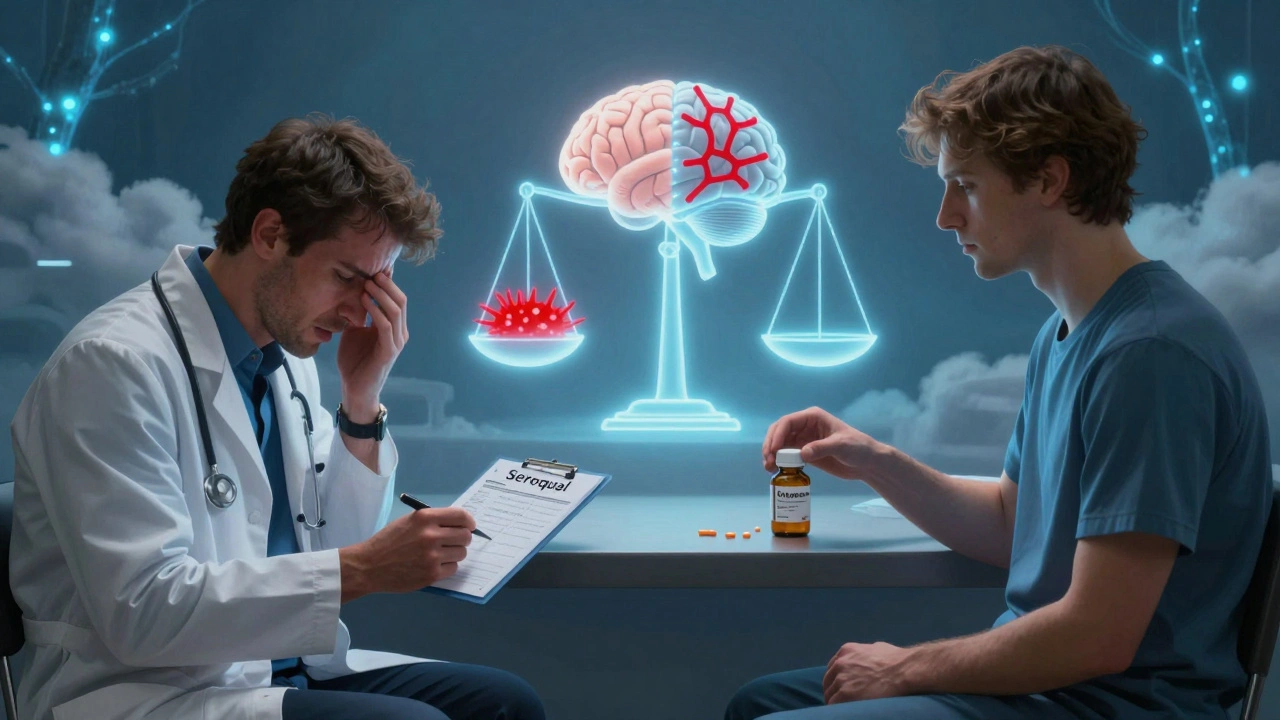 Escena dividida: un médico aumenta un medicamento mientras otro lo reduce, con un cerebro en equilibrio entre el caos y la calma.