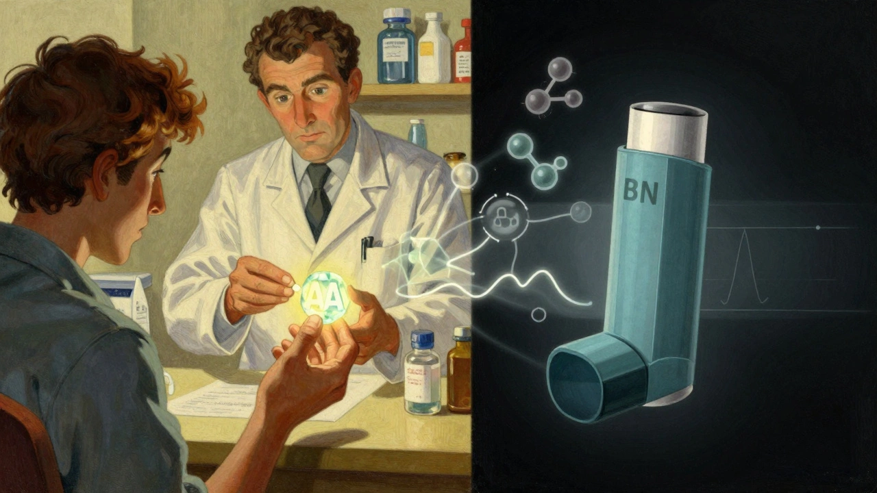 Escena dividida: una píldora con código AA brillante y un inhalador con código BN tenue, rodeados de símbolos científicos.