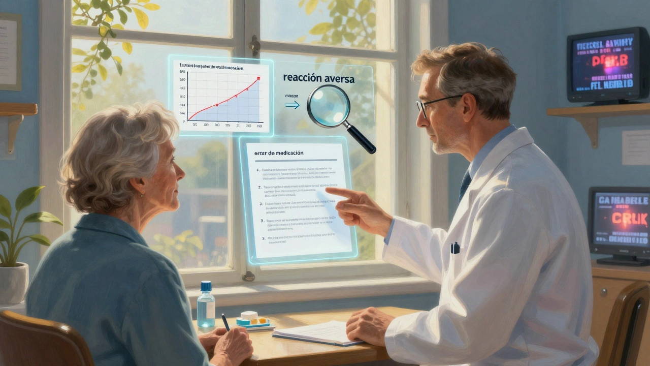 Farmacéutico explica riesgos reales a un paciente junto a una ventana luminosa con gráficos transparentes.