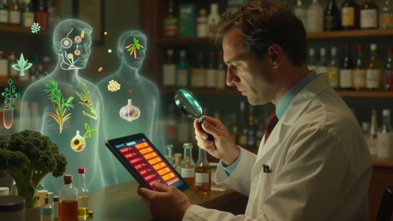 Farmacéutico revisa alertas de interacciones con hierbas y alimentos flotando en ambiente mágico.