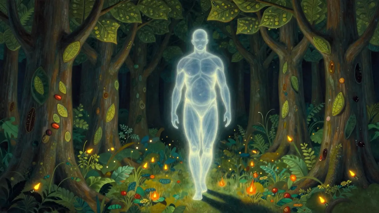 Figura humana transparente caminando por un bosque con hojas en forma de calorías, rodeada de luciérnagas que representan hormonas.