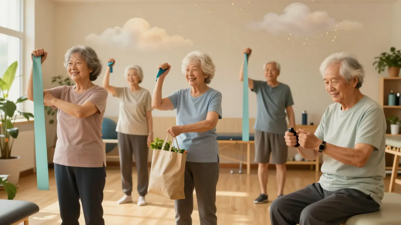 Grupo de pacientes mayores ejercitándose con bandas en un centro de rehabilitación, mostrando fuerza y alegría, con luz cálida y ambiente sereno.