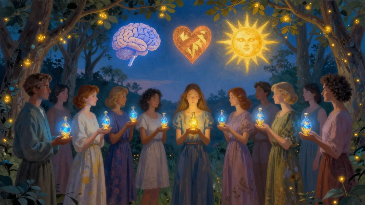 Grupo diverso en círculo sosteniendo frascos luminosos, con símbolos flotantes de cerebro, corazón y sol.