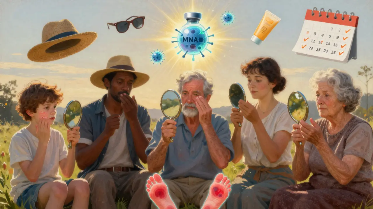 Grupo diverso revisando su piel en momentos íntimos, con melanomas ocultos brillantes y una molécula de vacuna flotante sobre ellos.