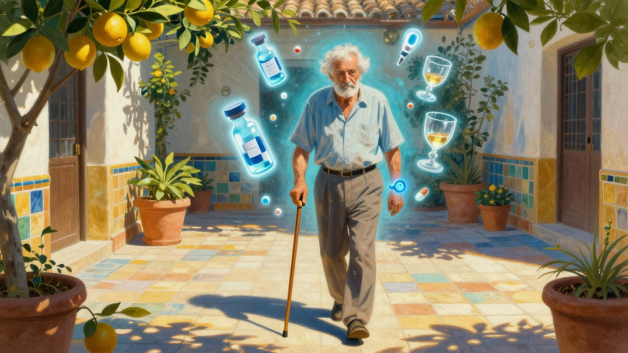 Hombre mayor caminando en patio español, halos de medicamentos flotantes, alerta de glucosa en muñeca.