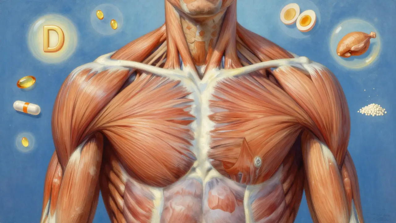 Ilustración anatómica del músculo pectoral atrofiado en EPOC, contrastado con tejido muscular sano, rodeado de nutrientes clave.