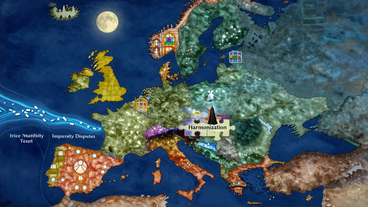 Mapa de Europa como vitrales, con ríos de genéricos bloqueados por obstáculos regulatorios y una figura intentando encajar la pieza de armonización.