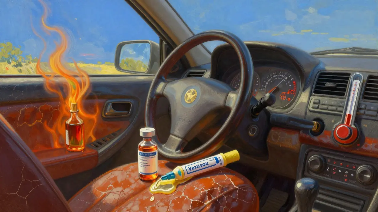 Medicamentos derritiéndose en el interior de un coche al sol, con termómetro marcando 60°C.