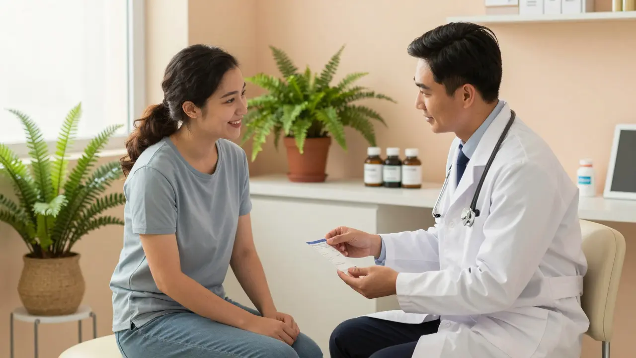 Médico y paciente en una consulta de atención primaria, compartiendo una receta bajo luz cálida y natural.