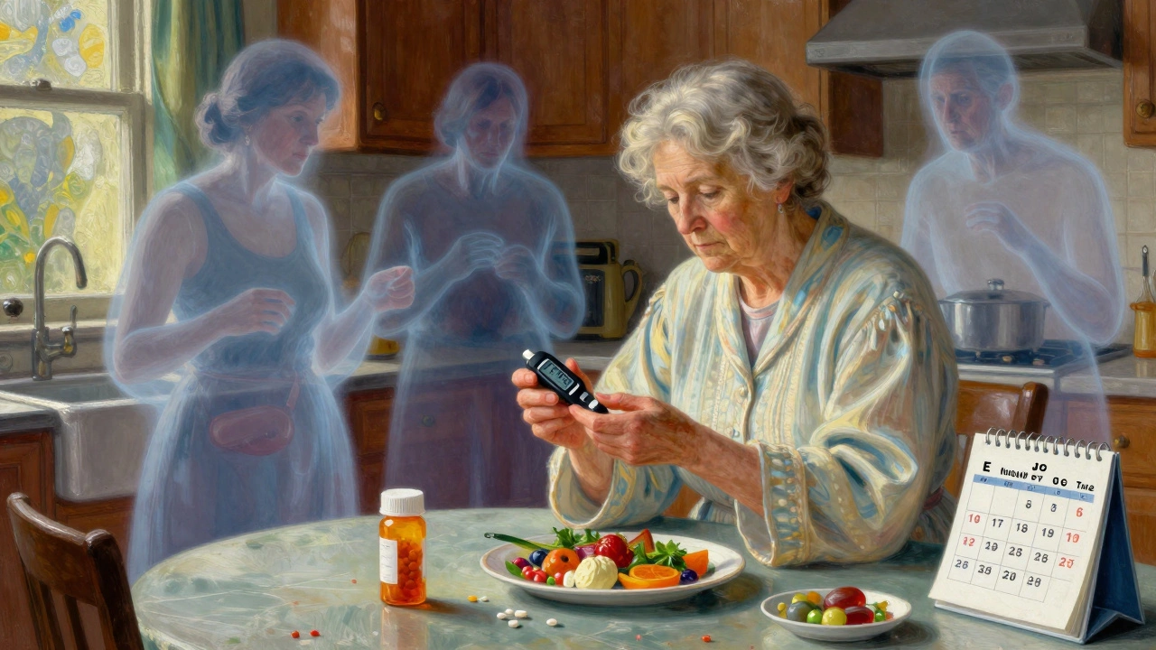 Mujer mayor midiendo su glucosa en casa, con figuras espectrales que simbolizan resistencia a la insulina.
