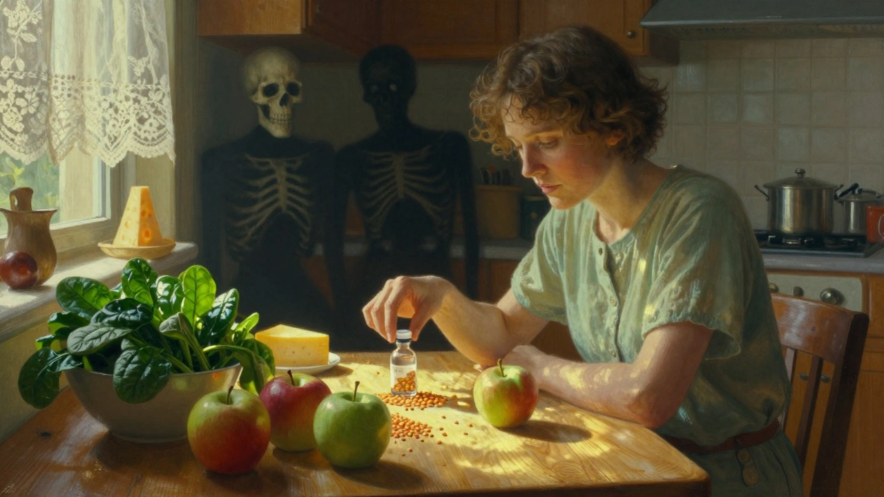 Paciente en una cocina iluminada por el sol rodeado de frutas y verduras brillantes, mientras alimentos ácidos se desvanecen en la sombra.