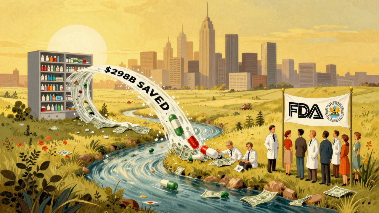 Paisaje dorado con ríos de píldoras que ahorran dinero, hacia una ciudad de farmacias bajo el sello de la FDA.