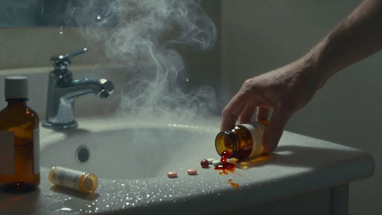 Pastillas disolviéndose en una encimera de baño llena de vapor, con residuos color marrón.