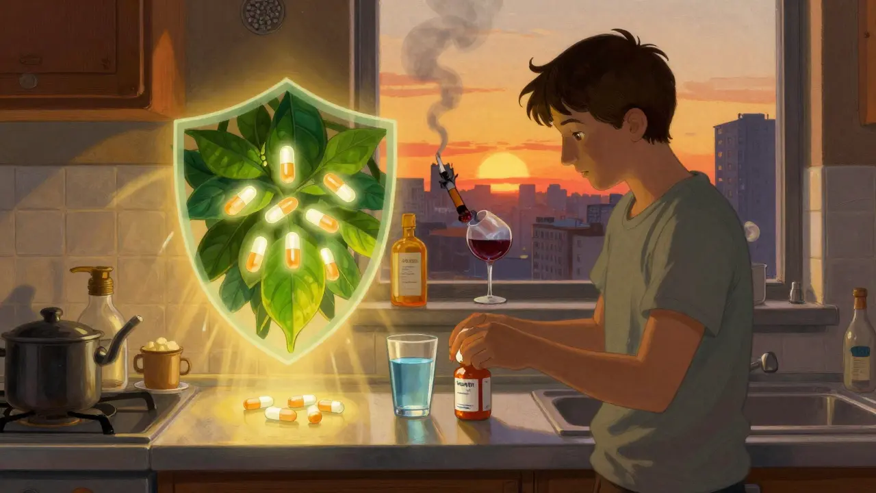 Persona cambiando medicamentos inflamatorios por opciones seguras en una cocina iluminada.