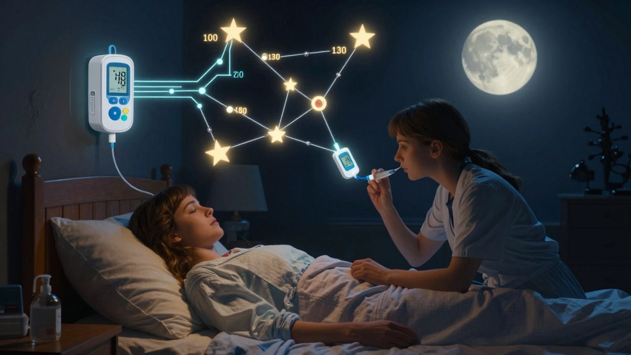 Persona durmiendo mientras recibe glucagón nasal, constelación de dispositivos médicos brillantes en el cielo nocturno.