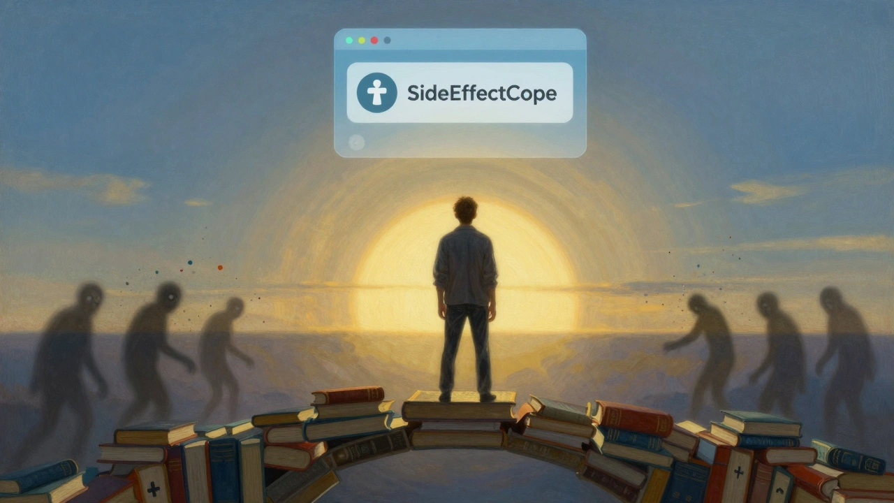 Persona en un puente de libros y símbolos médicos, con sombras del miedo desapareciendo mientras una app de terapia brilla en el cielo.