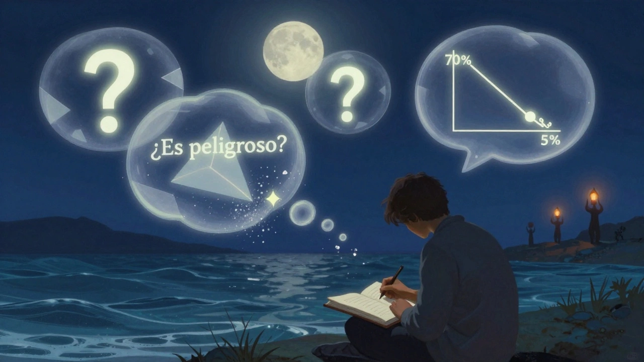 Persona escribiendo en un diario bajo la luna, pensamientos transformándose en olas calmantes y un gráfico de probabilidad descendente.