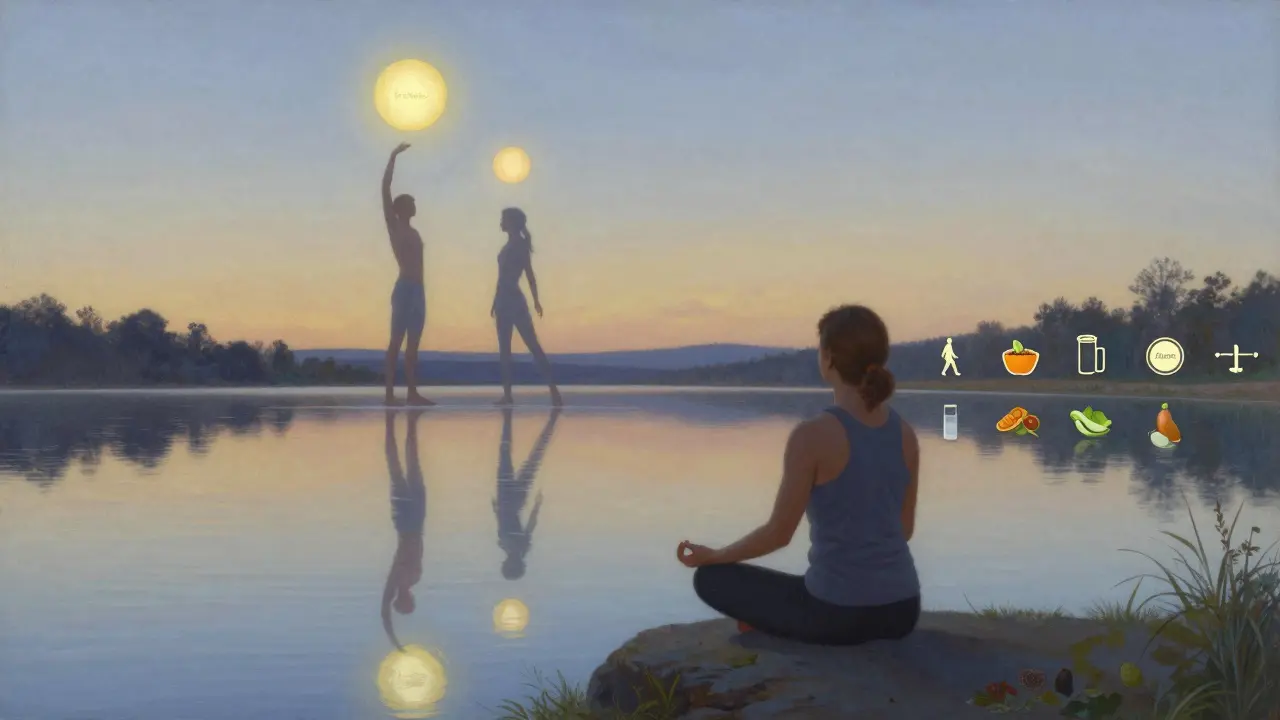 Persona meditando junto a un lago, su reflejo muestra dos versiones de sí misma, con esferas de luz que simbolizan hábitos sostenibles.