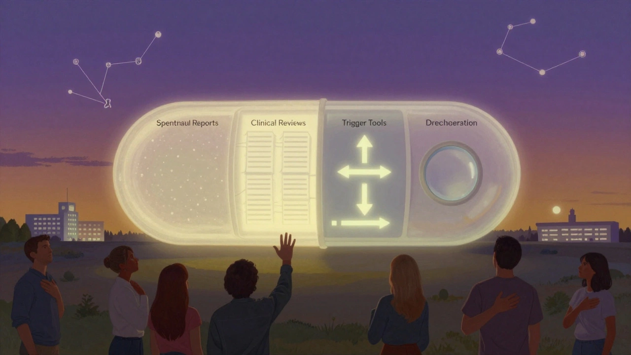 Píldora gigante con cuatro métodos de estudio flotando sobre un paisaje tranquilo, personas reaccionan con miedo o calma.