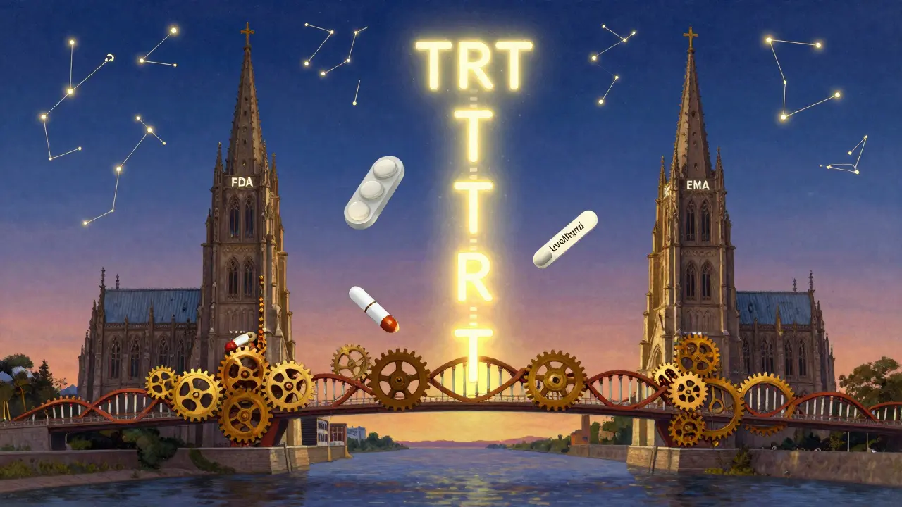 Puente simbólico entre FDA y EMA con diseños replicados ascendentes, pastillas flotantes y constelaciones estadísticas.