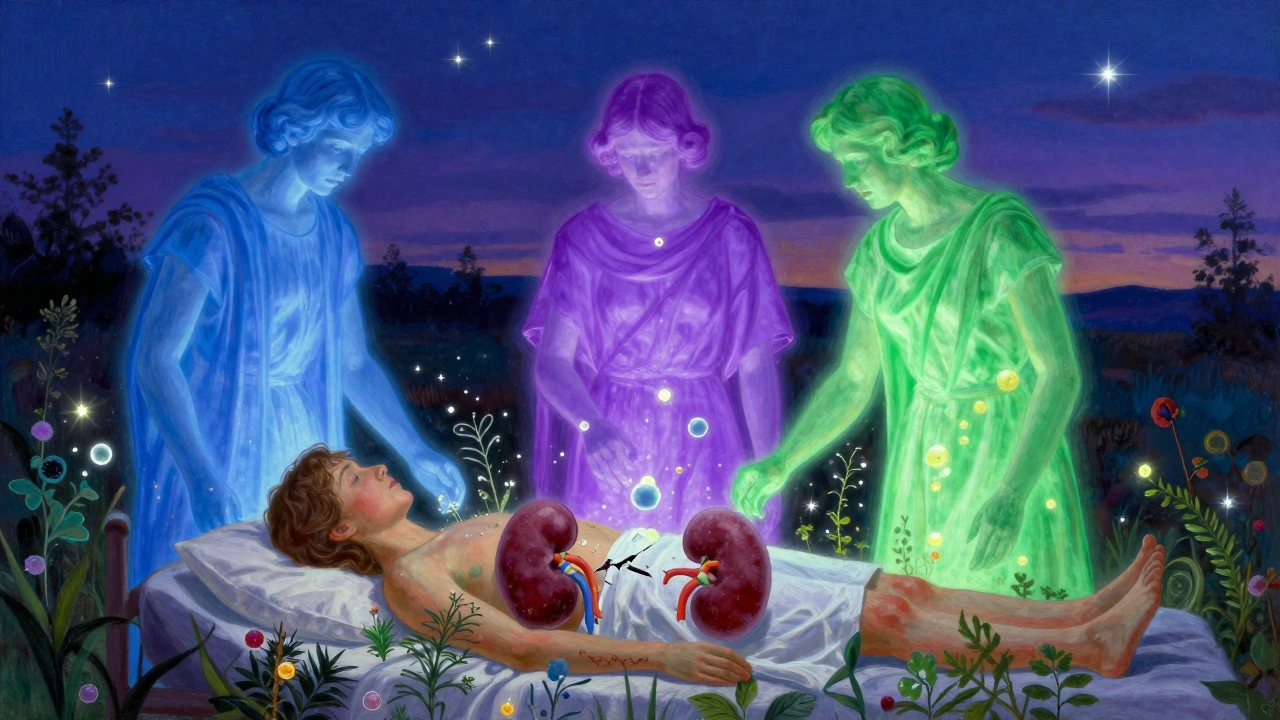 Tres figuras luminosas protegen a un paciente, representando bicarbonato, citrato y dieta, mientras un riñón se cura entre hierbas sanadoras.