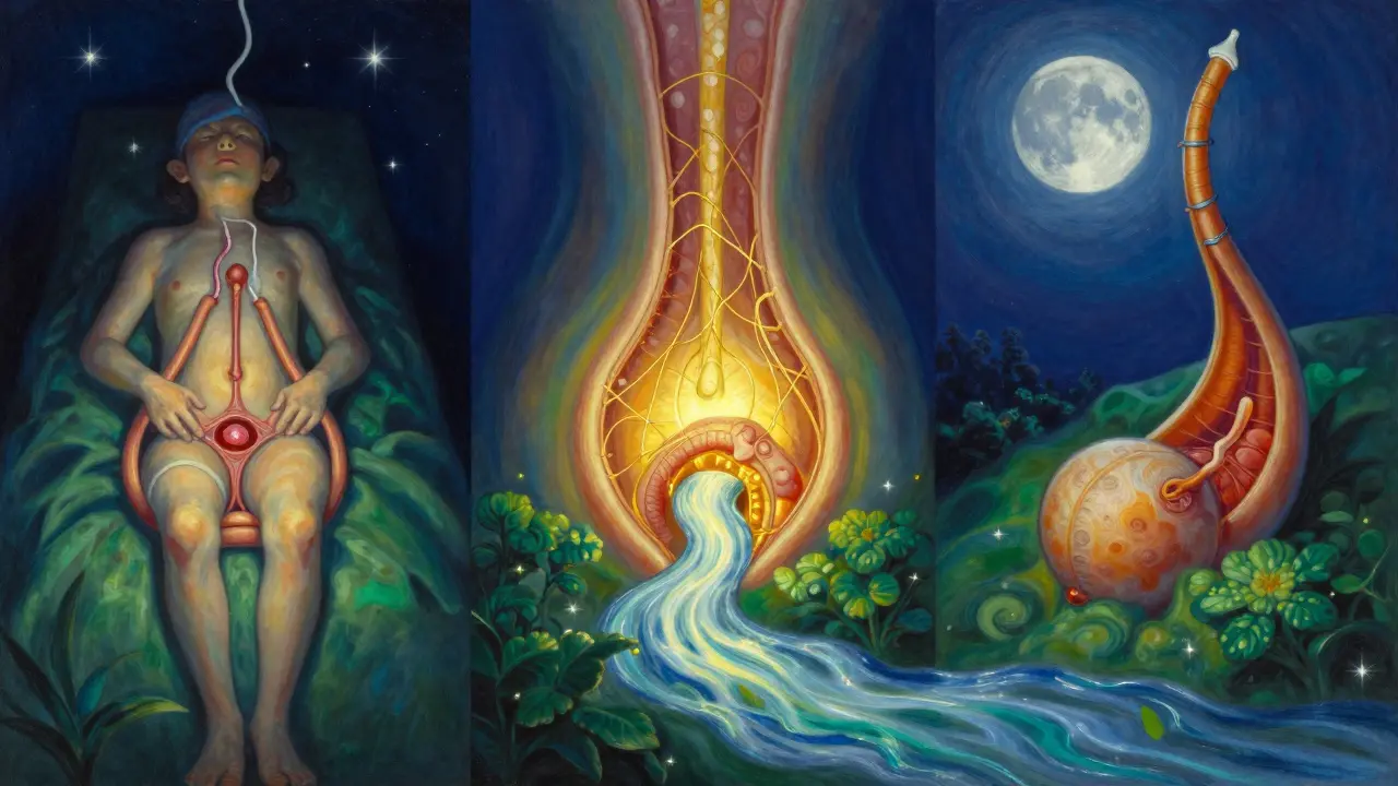 Triptico simbólico de la cirugía en tres etapas: extirpación, bolsa J y cierre, con ríos de luz.